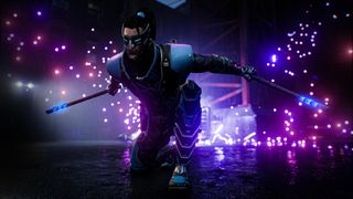 Nightwing from Gotham Knights poses with two sticks and electric flares behind him