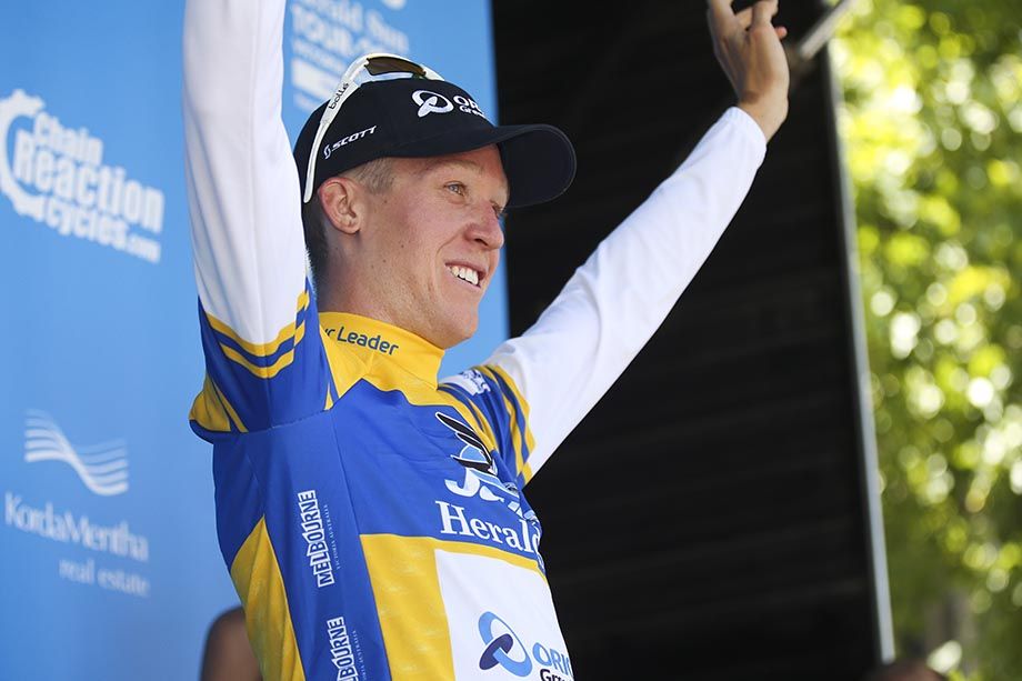 Meyer on the podium in the leaders jersey