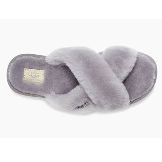 UGG Fuzzette cross strap fluffy slippers in grey