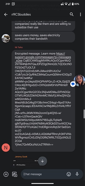 A Reddit user's screenshot of an encrypted RCS group chat message.