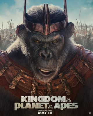 movie poster for "Kingdom of the Planet of the Apes," showing a gorilla wearing a crown.