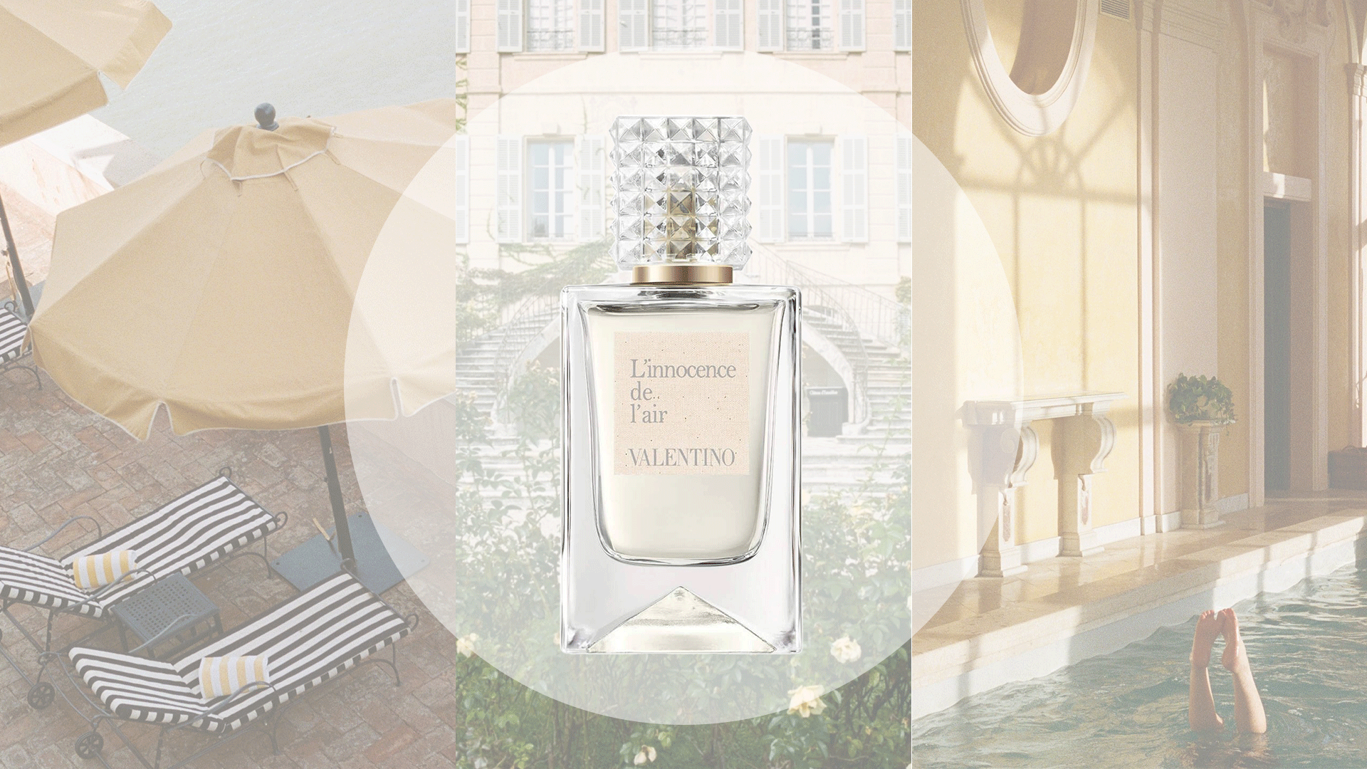 Collage of vacation imagery and fragrances from Valentino's Anatomy of Dreams fragrance collection.