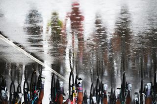 SANTANDER SPAIN SEPTEMBER 04 Detail view of the peloton competing under heavy rain during the La Vuelta 79th Tour of Spain 2024 Stage 17 a 1415km stage Arnuero to Santander UCIWT on September 04 2024 in Santander Spain Photo by Dario BelingheriGetty Images