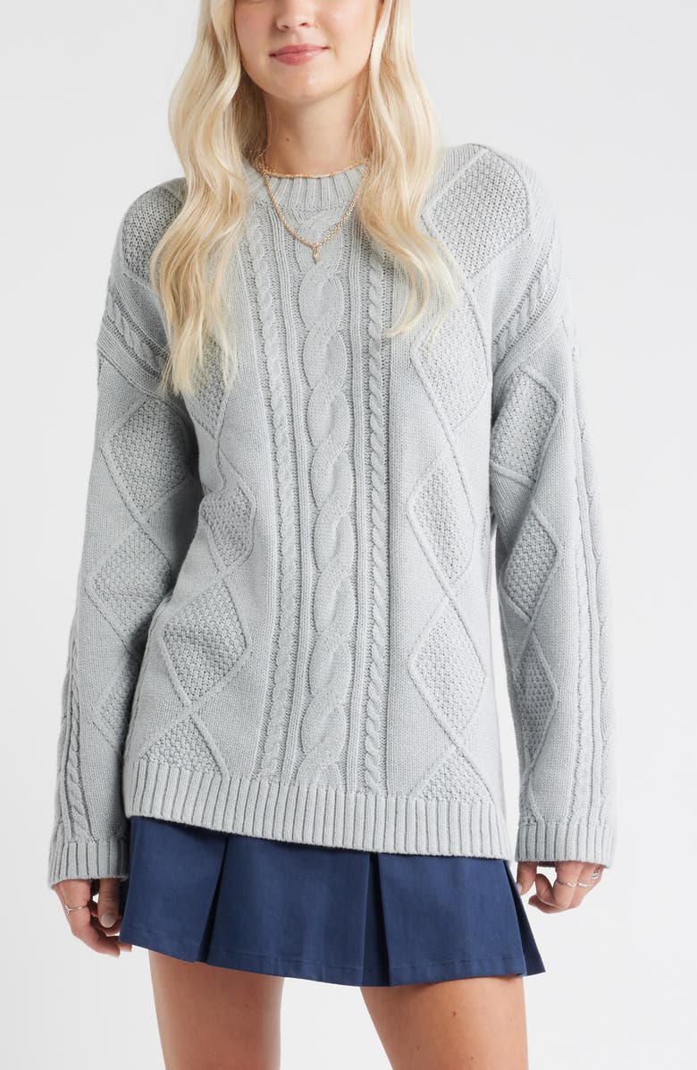 Cabled Oversize Cotton Blend Crewneck Sweater
