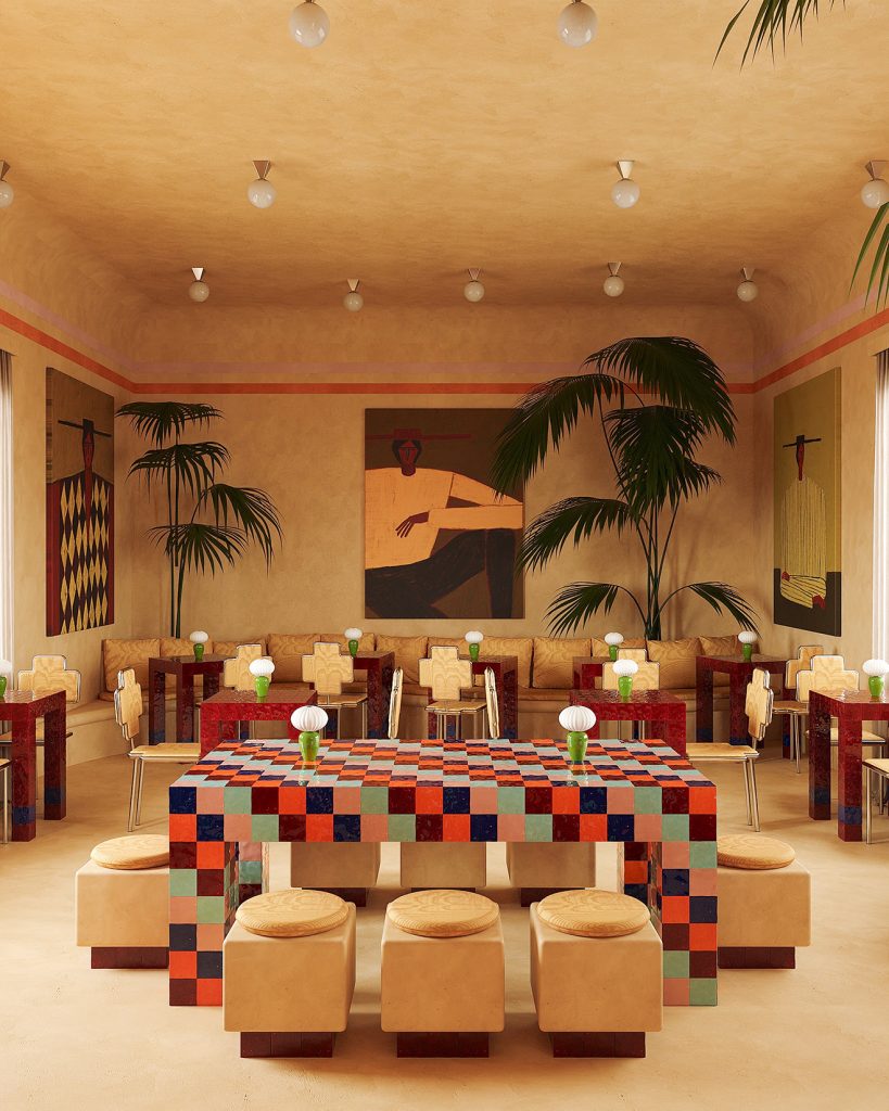 A vibrantly decorated cafe with camel-toned walls and floors, eccentric tiled tables with minimalist, geometrical shapes, squared stools topped with a round leather cushion, table lamps in white and green glass, and paintings.