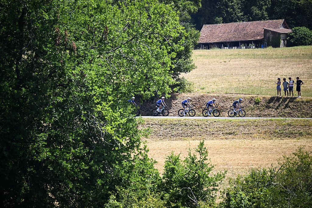 The pack of riders pictured in action during the stage 8 of the 2026 Tour de France cycling race, a stage of 182km from Perigueux to Bergerac, on Saturday 11 July 2026. The 113th edition of the Tour de France starts on Saturday 4 July in Barcelona, Spain, and will finish in Paris, France on the 26th of July. BELGA PHOTO TOMAS SISK POOL (Photo by TOMAS SISK POOL / BELGA MAG / Belga via AFP)