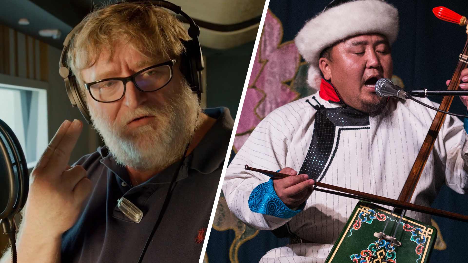 Gabe Newell in a recording studio; Batzorig Vaanchig and his group perform at the Grand Theater of National Art in Ulaanbaatar, Mongolia. 