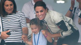 Carole Middleton, Princess Charlotte and Catherine, Princess of Wales attend the presentation following the King's Cup Regatta on August 08, 2019