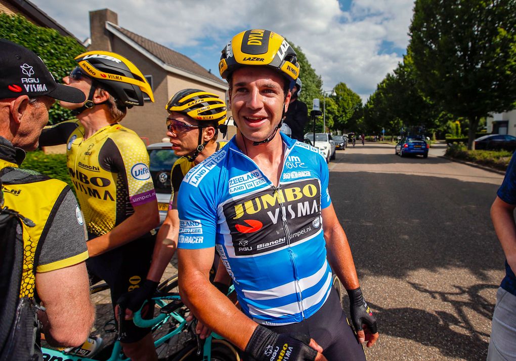 Dylan Groenewegen celebrates winning stage 2 at the ZLM Tour