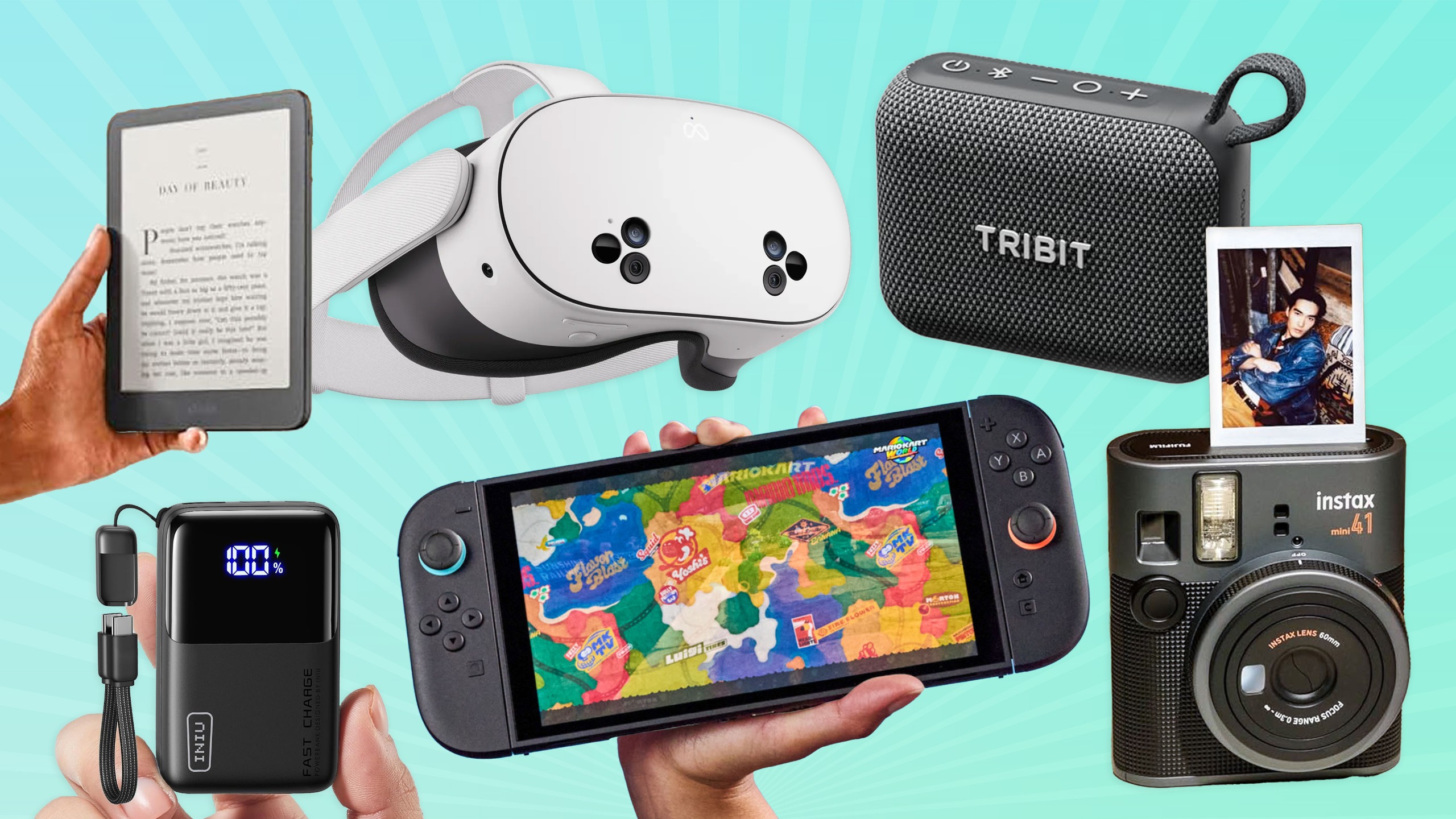The best tech gifts for everyone you know: Iniu Pocket Rocket charger, Amazon Kindle, Meta Quest 3S VR headset, Tribit bluetooth speaker, Fujifilm Instax Mini Instant camera, Nintendo Switch 2