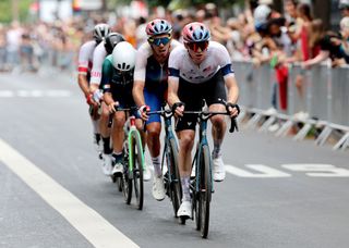 PARIS FRANCE AUGUST 03 LR Christophe Laporte of Team France and Matteo Jorgenson of Team The United States compete during the Mens Road Race on day eight of the Olympic Games Paris 2024 at trocadero on August 03 2024 in Paris France Photo by Tim de WaeleGetty Images