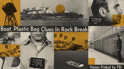 Photo composite illustration of Alcatraz island, Al Capone, prison cells and watchtowers