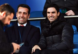 Arteta watched Arsenal's draw at Everton from the stands alongside the club's director of football Edu.
