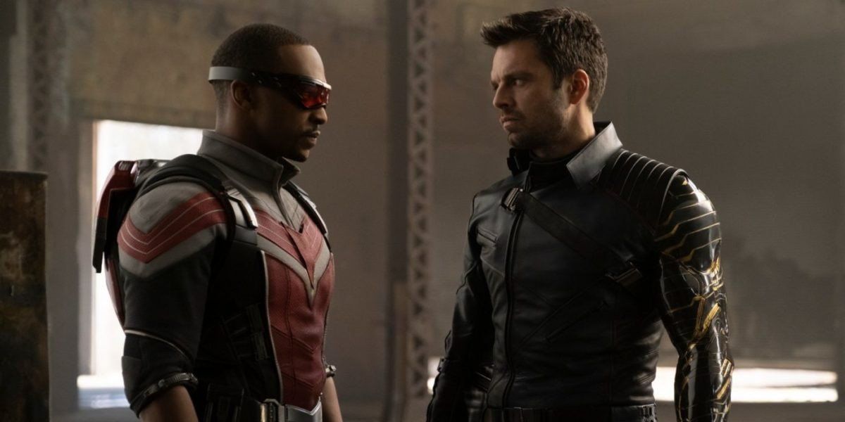 Sam Wilson (Anthony Mackie) and Bucky Barnes (Sebastian Stan) stare each other down in The Falcon and the Winter Soldier (2021)