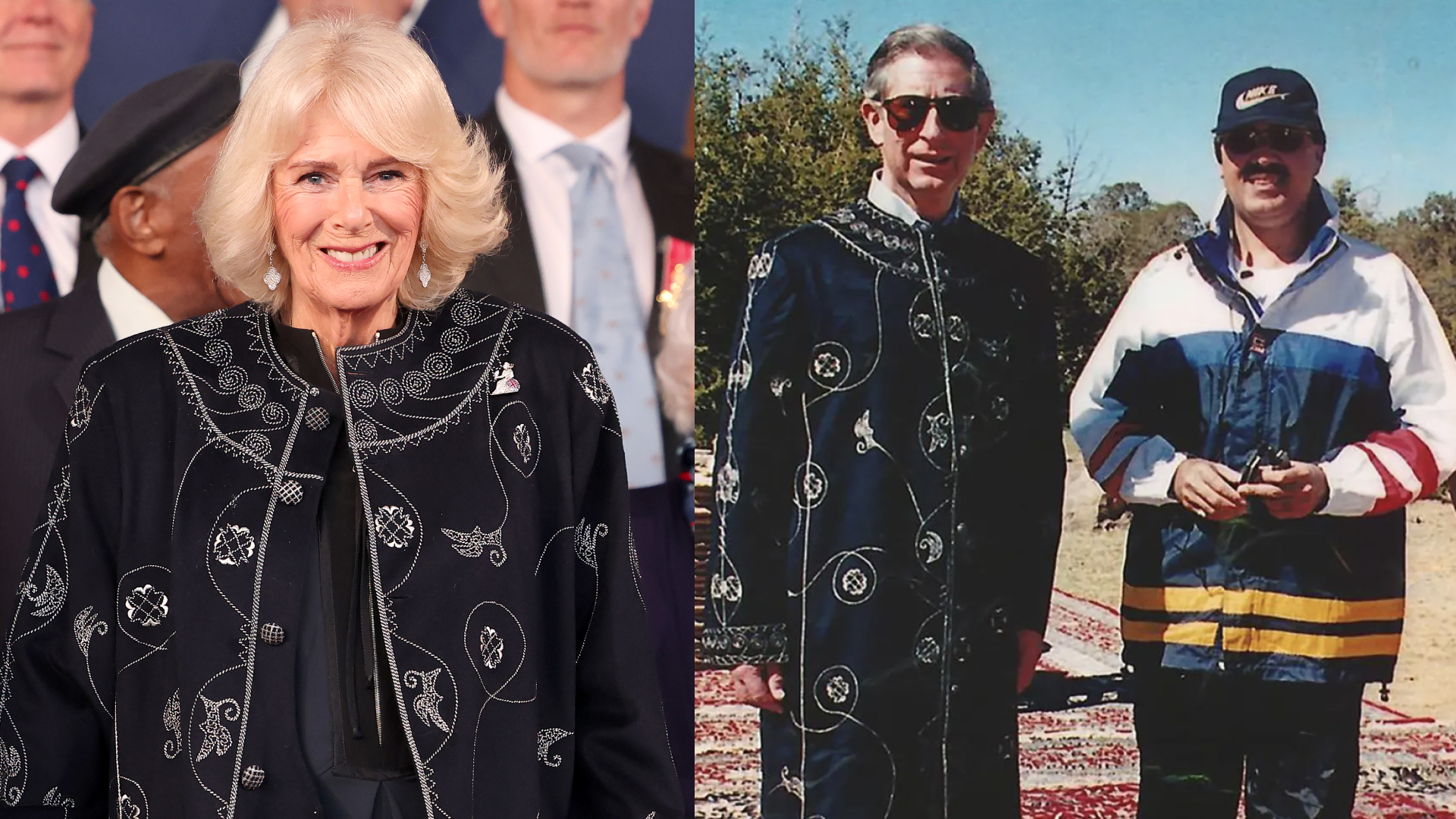 Queen Camilla wearing a blue embroidered robe next to King Charles wearing the same robe