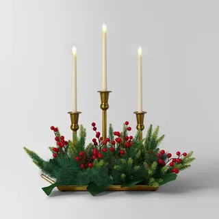 20.5"x17" 3pc Christmas Flameless Taper Candle and Gold Holder in Wood Tray With Faux Greenery - Wondershop™