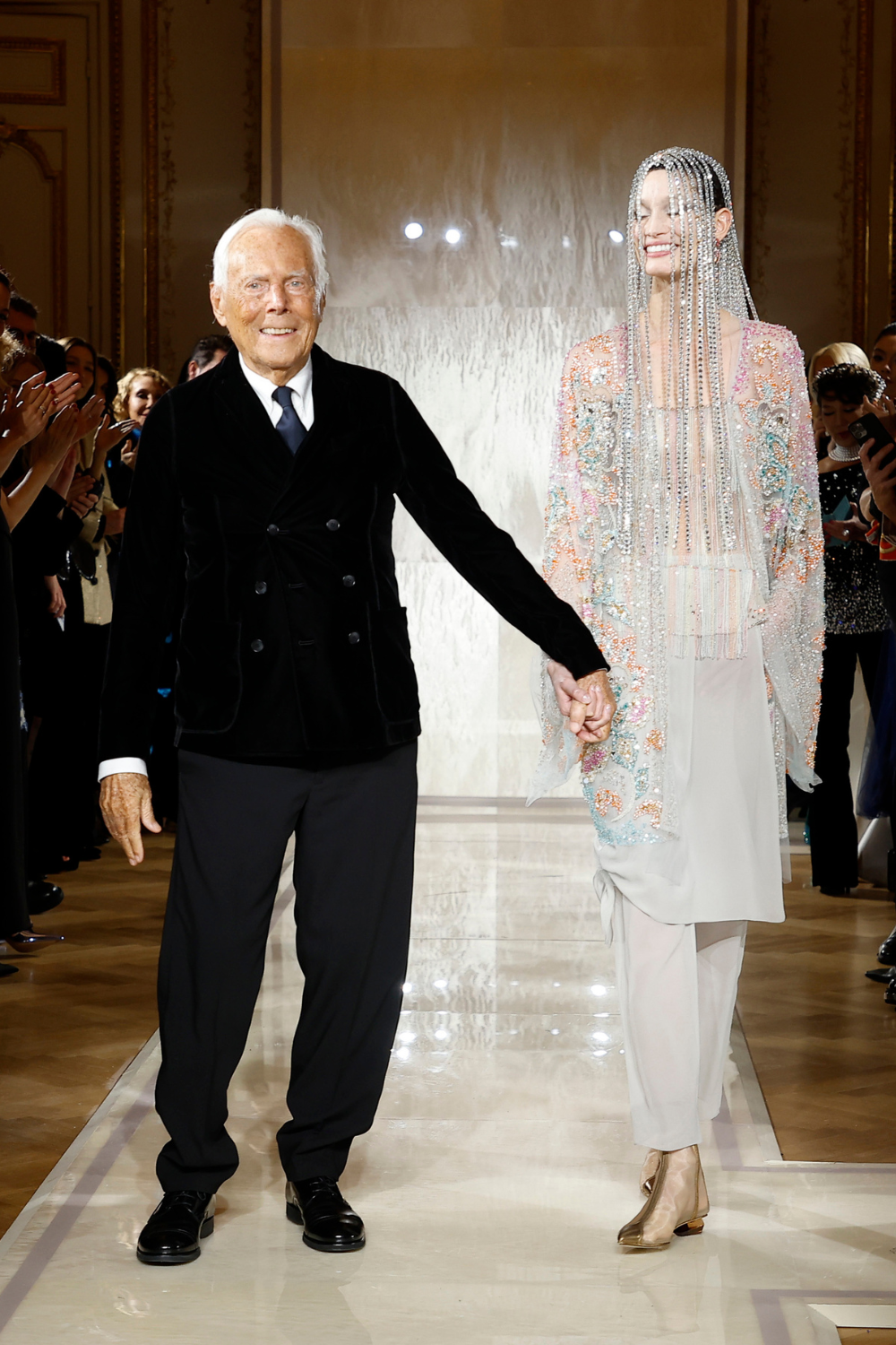 Fashion designer Giorgio Armani walks the runway during the Giorgio Armani Privé Haute Couture Spring-Summer 2025 show as part of Paris Fashion Week