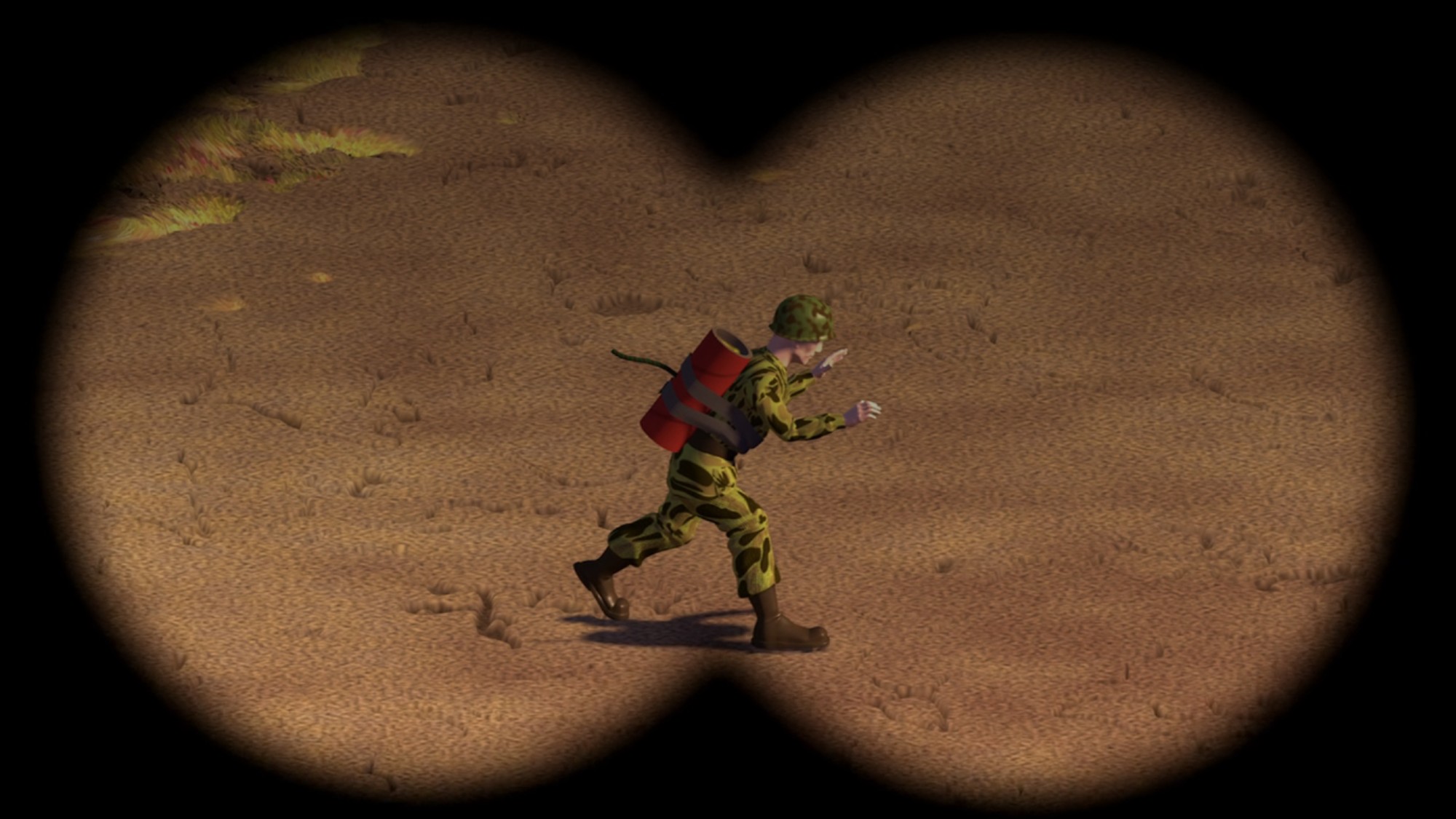 Combat Carl with an explosive on his back in Toy Story.