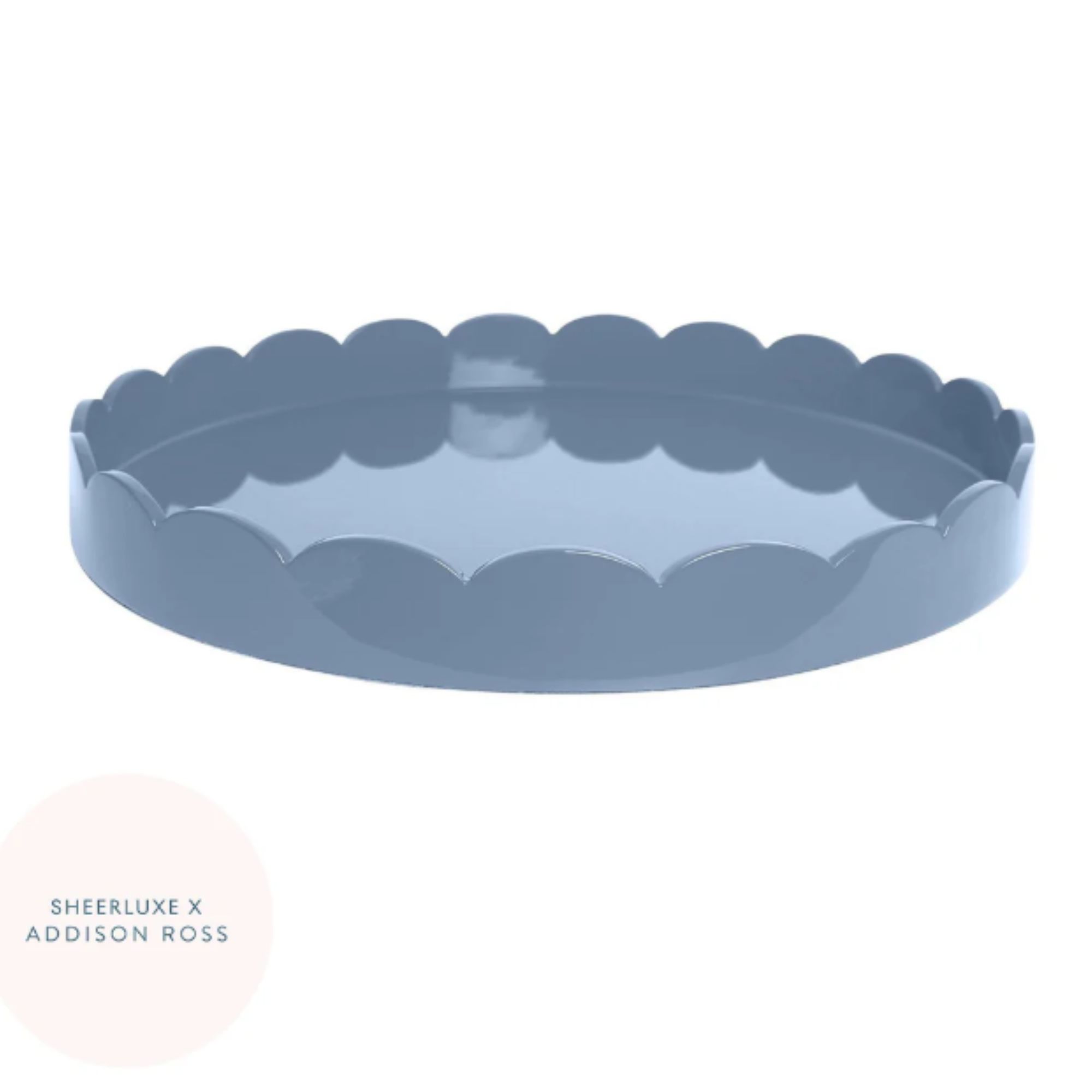 Chambray Blue Round Lacquered Scallop Ottoman Tray