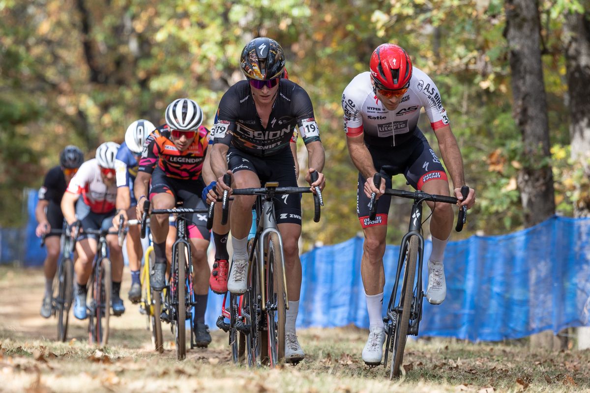 Lance Haidet (L39ion of LA) leads a chase group of 7 riders up the climb from the lowest part of the course. Haidet finished 21st overall.