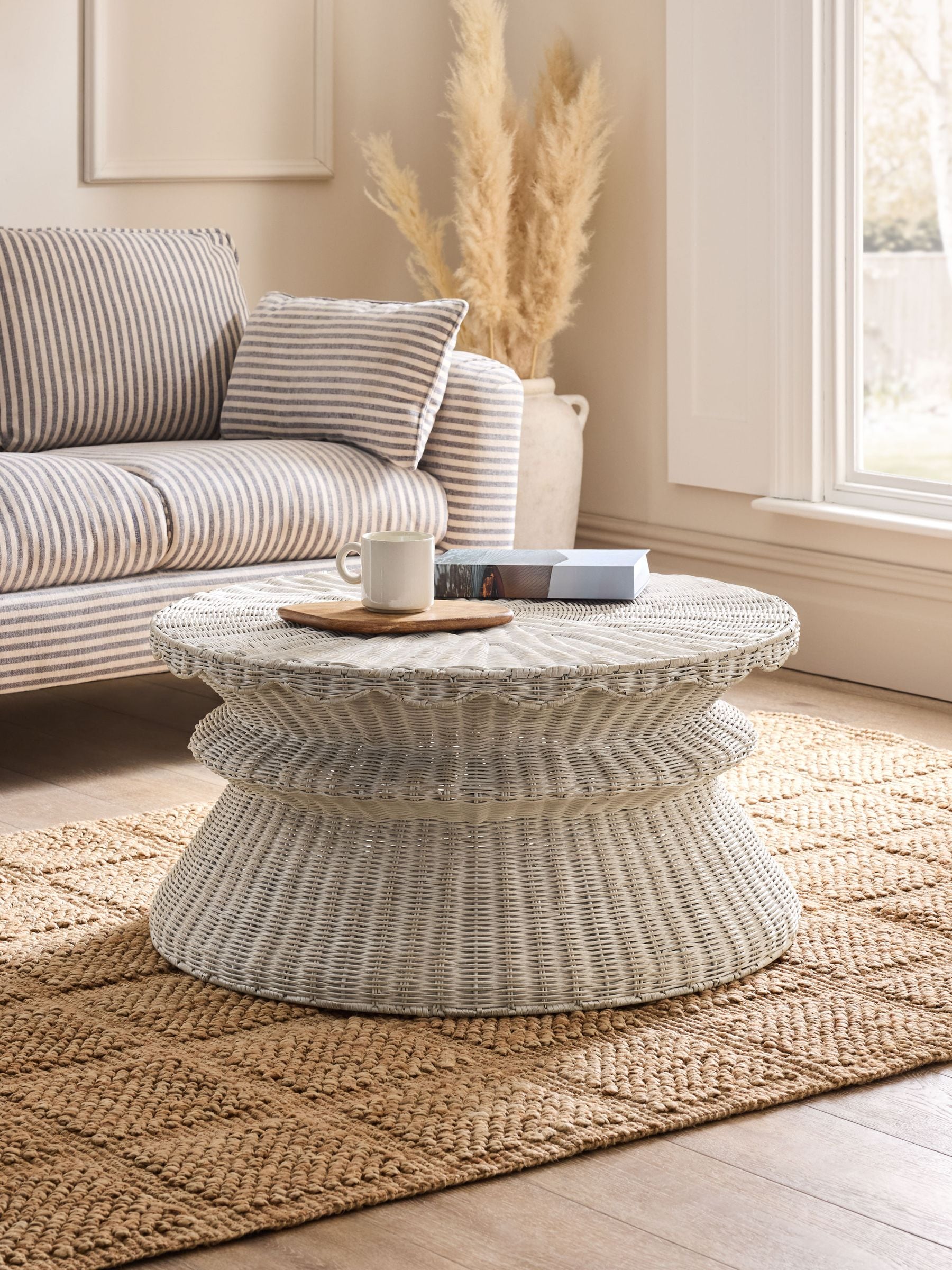 White Rattan Scallop Storage Coffee Table