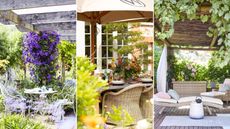 Backyard privacy ideas are so useful. Here are three of these - a distressed wooden pergola with purple flowers around one pillar with a white iron bistro set beneath it with a teapot and teacups on the table and light green trees and bushes around the scene, an outdoor dining space with a brown umbrella, a gray table with wine glasses and white plates and bowls, two rattan chairs underneath it, and a house with white windows and doors and brick framing around them, and a dark brown backyard area with a light brown sunlounger and chair with blue and pink throw pillows, a rattan storahe basket, a white stool with a black tea pot, and a pergola above it with green leaves