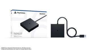 PSVR 2's new PC adapter next to its packaging on a white background