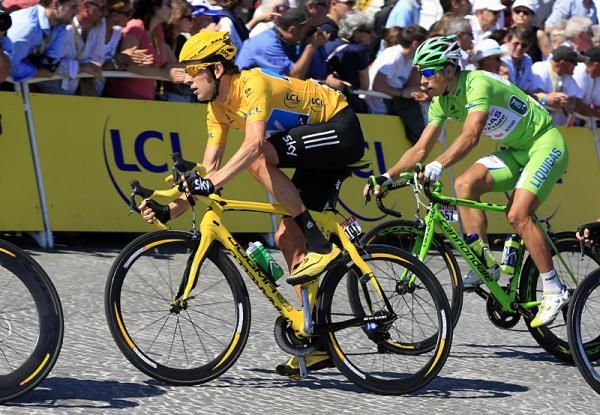 Bradley Wiggins (Sky) on the streets of Paris during the Tour's final stage.