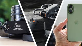 Photo triptych of three cameras, with Leica rangefinder on the left, DJI drone in the middle and iPhone on the right