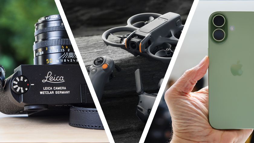 Photo triptych of three cameras, with Leica rangefinder on the left, DJI drone in the middle and iPhone on the right