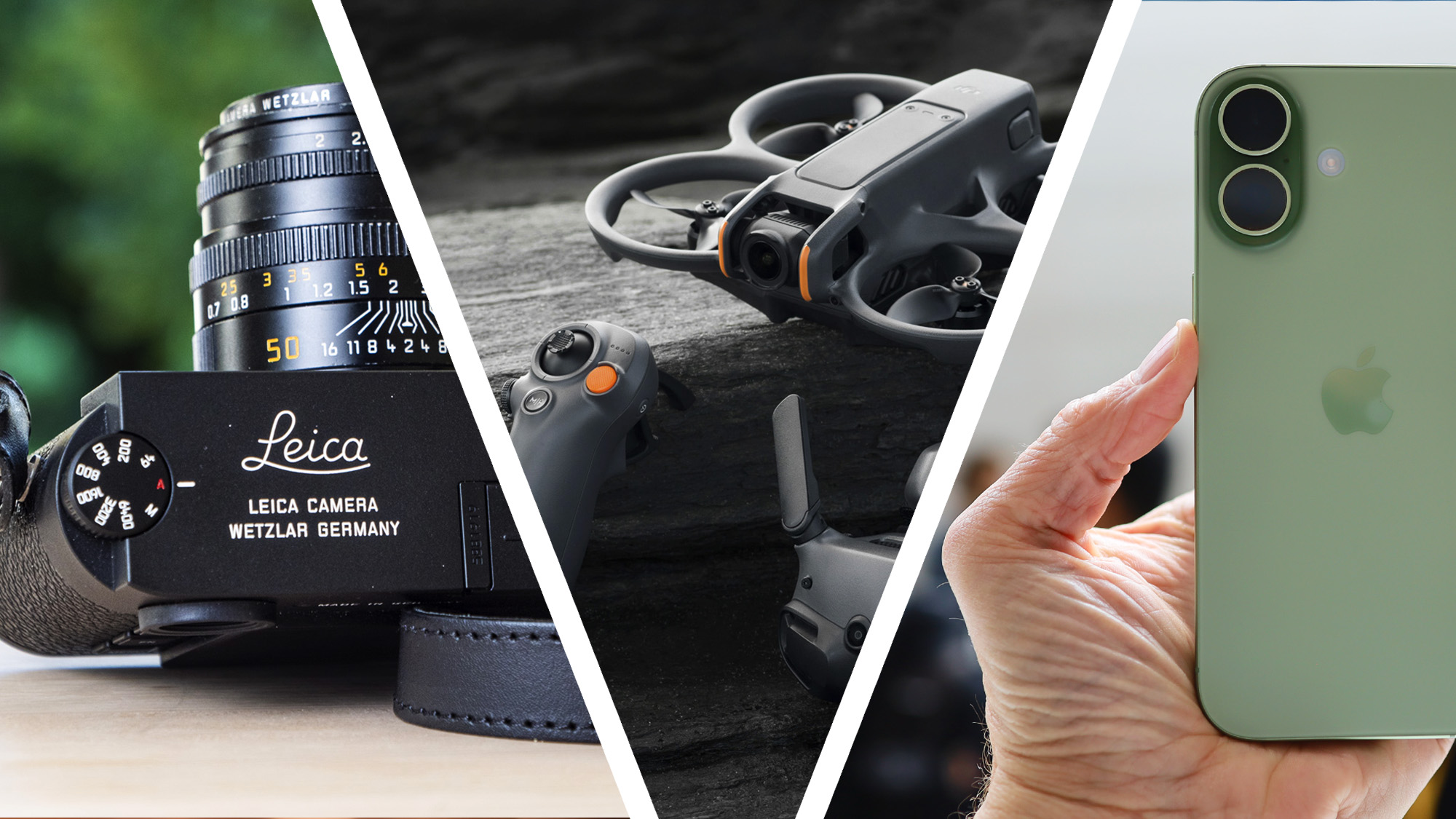 Photo triptych of three cameras, with Leica rangefinder on the left, DJI drone in the middle and iPhone on the right