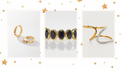A composite image of some of the jewellery included in Black Friday jewellery deals 2022, on a white background with gold stars.