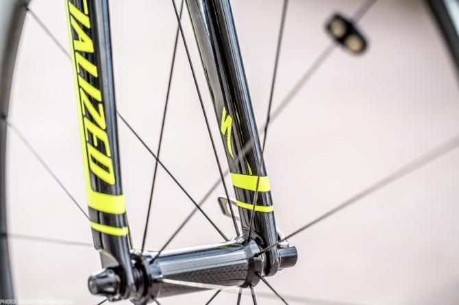 The fork detail of the Specialized Tarmac used by Tinkoff-Saxo