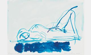 'laying on blue' woman artwork