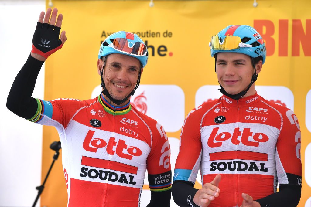 BINCHE BELGIUM OCTOBER 04 LR Philippe Gilbert of Belgium and Arnaud De Lie of Belgium and Team Lotto Soudal prior to the 35th Binche Chimay Binche Memorial Frank Vandenbroucke 2022 a 1986km one day race from Binche to Binche BincheChimayBinche on October 04 2022 in Binche Belgium Photo by Luc ClaessenGetty Images