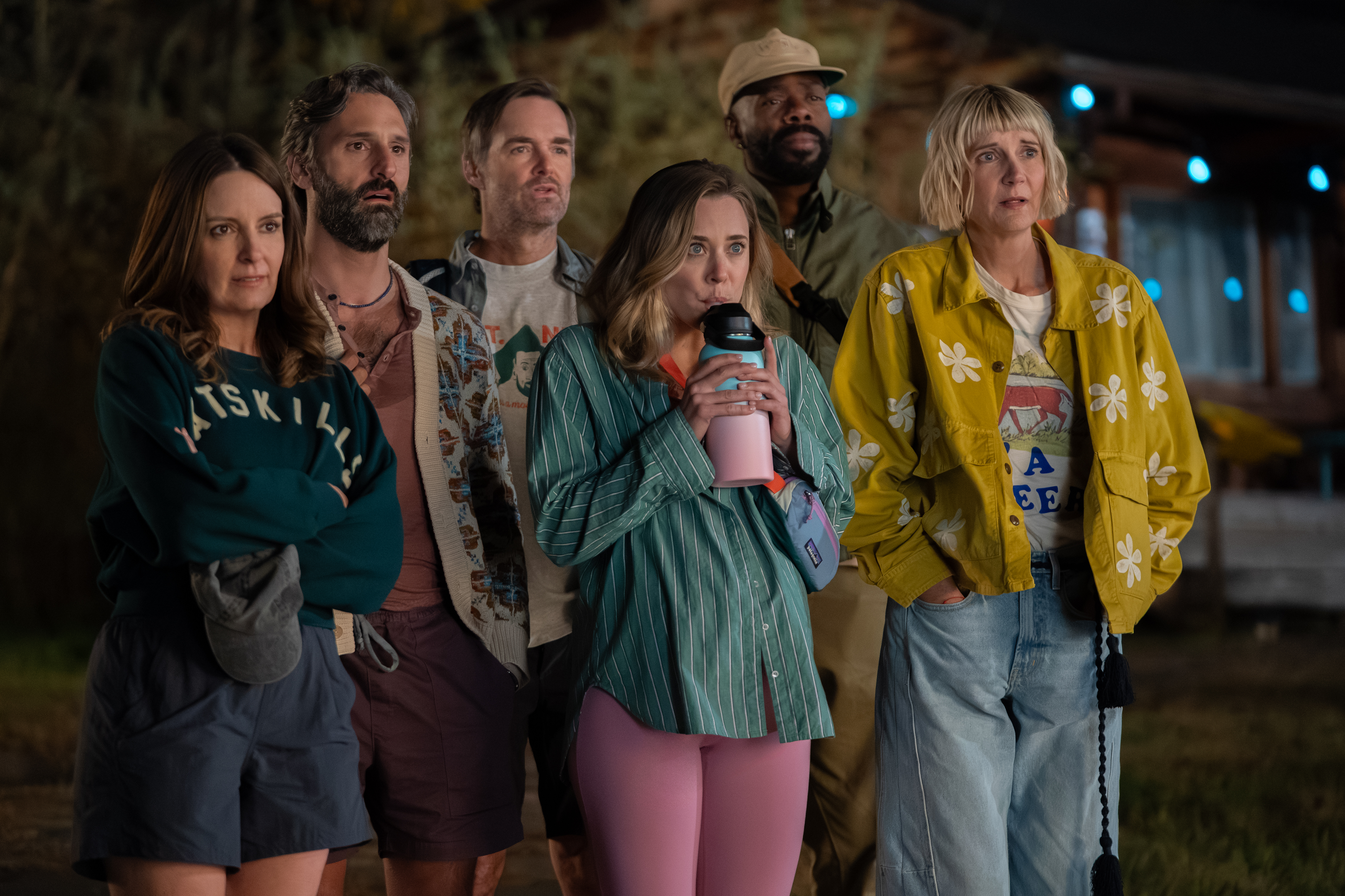 Tina Fey as Kate, Marco Calvani as Claude, Will Forte as Jack, Erika Henningsen as Ginny, Colman Domingo as Danny, and Kerri Kenney-Silver as Anne in Episode 202 of The Four Seasons, Season 2.