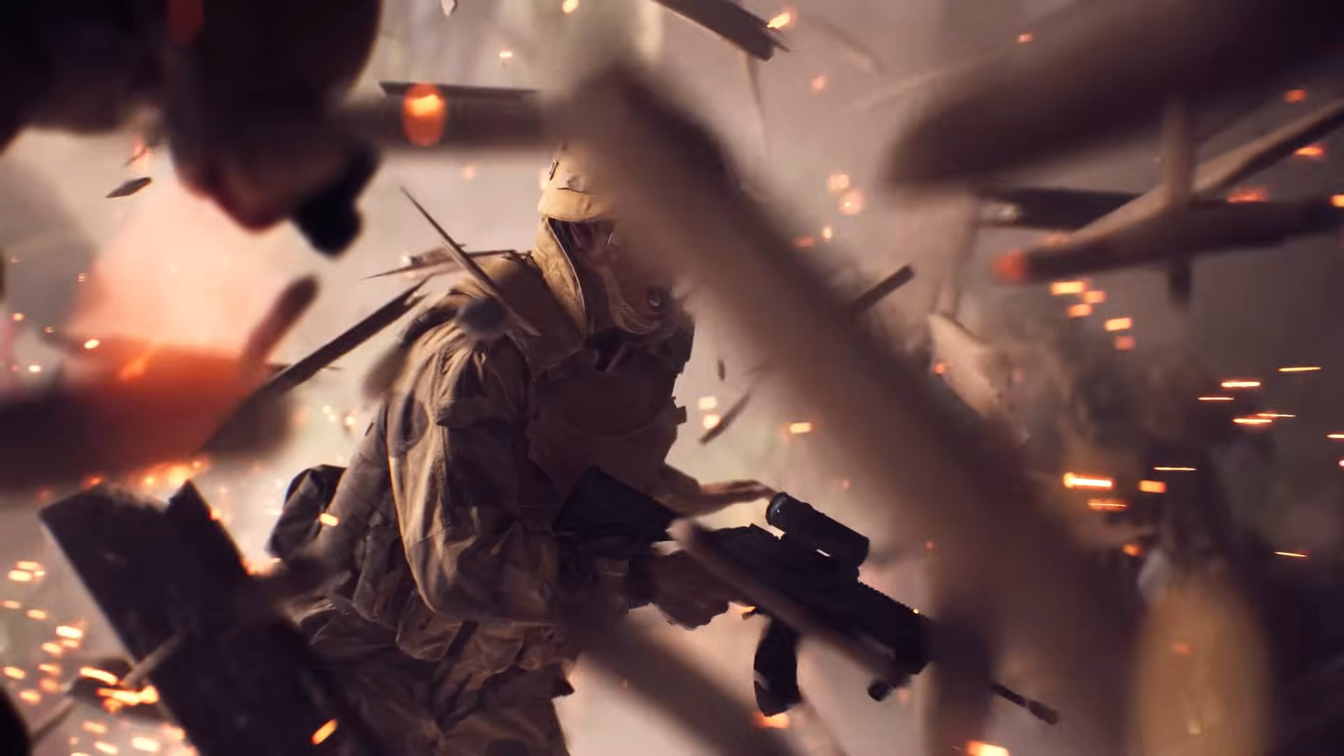 A soldier runs through as debris explodes all around him