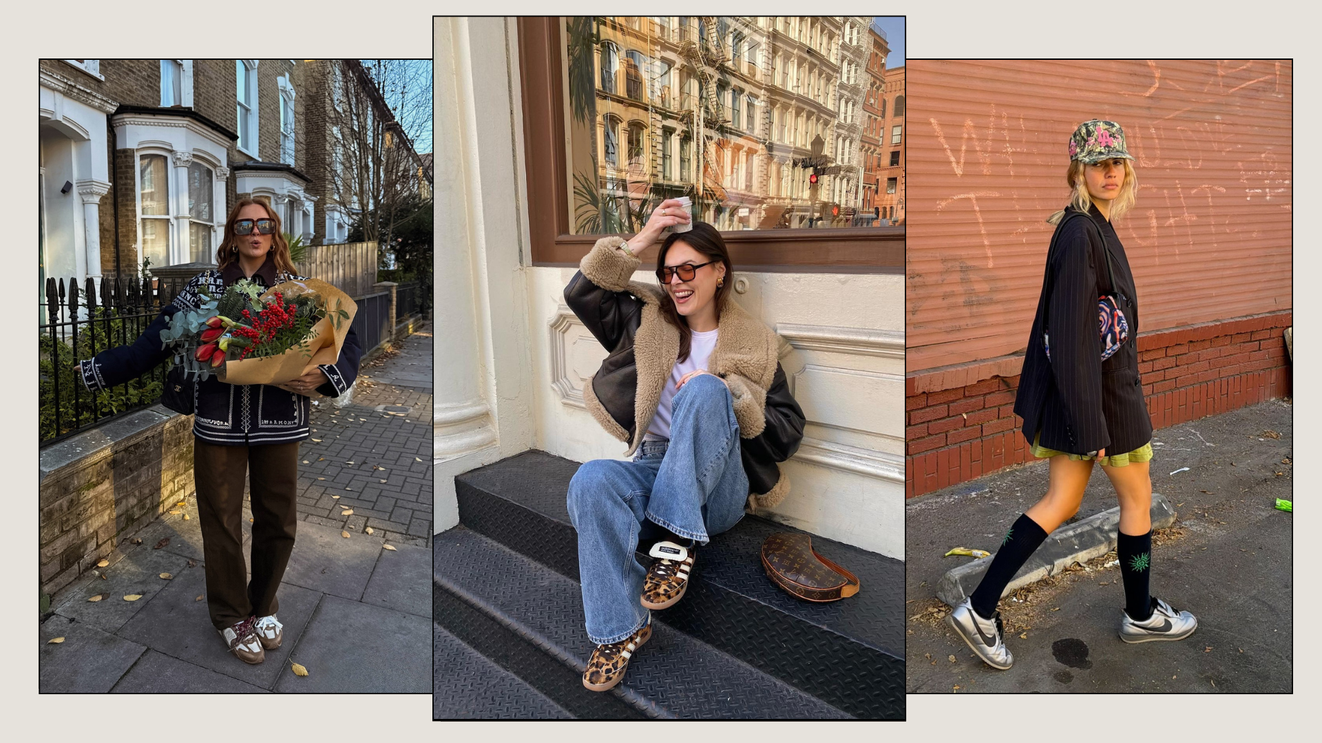 Three fashion people wear leather trainer outfits 2026