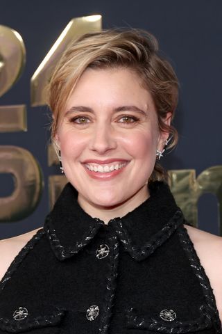 Honoree Greta Gerwig is pictured with a tousled pixie cut at the Will Rogers Motion Picture Pioneers Foundation's Pioneer Dinner Honoring Greta Gerwig at The Beverly Hilton on September 25, 2024 in Beverly Hills, California.