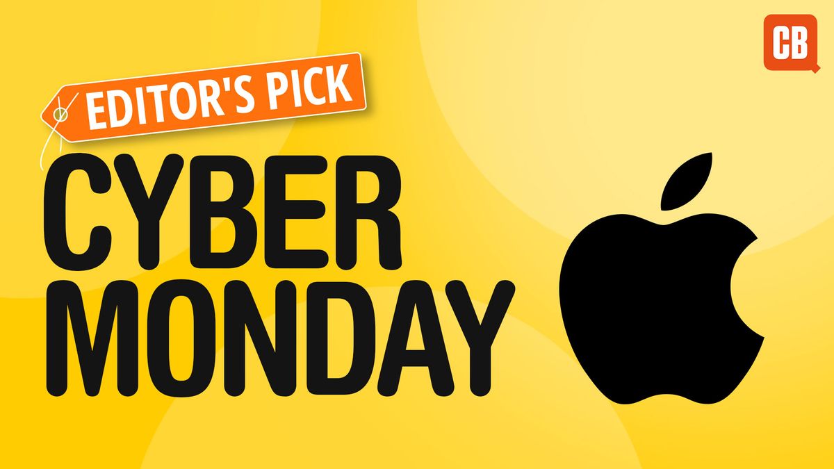 Apple logo on yellow background with text that says &#039;editor&#039;s pick, Cyber Monday&#039;