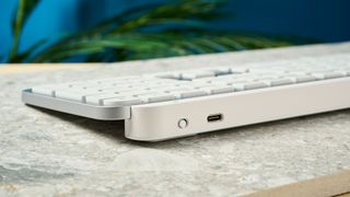 A white Logitech MX Keys S wireless keyboard for Windows and macOS