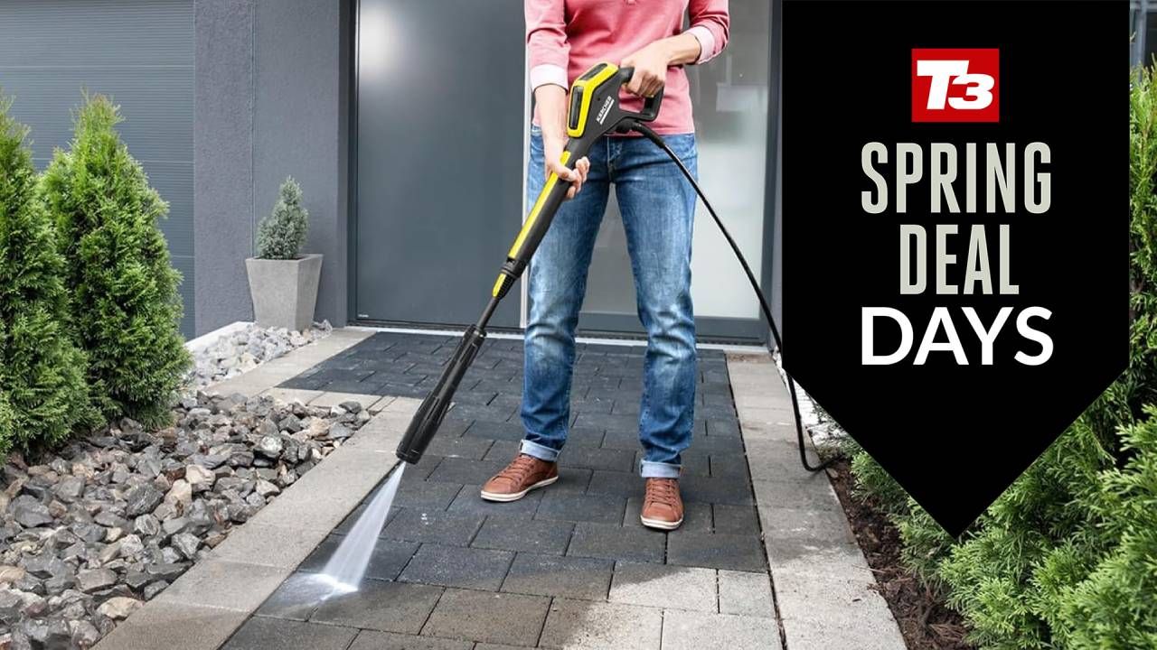 Lifestyle image of a woman using a pressure washer with T3 spring deal days badge