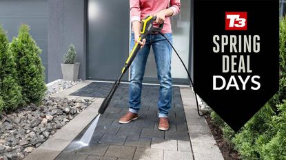 Lifestyle image of a woman using a pressure washer with T3 spring deal days badge