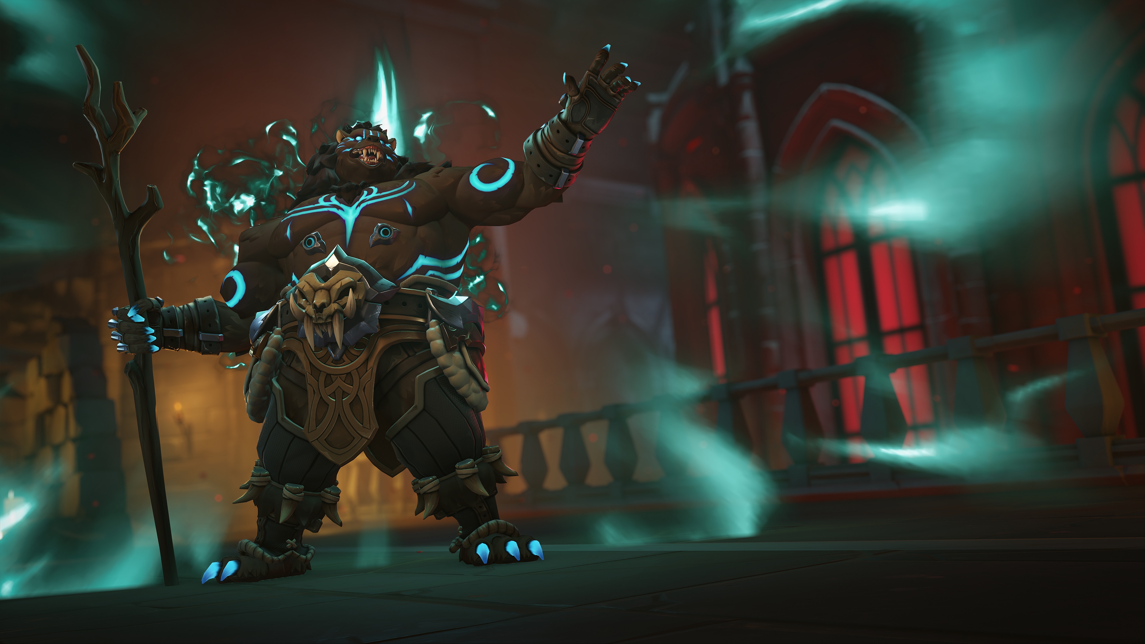 A powerful, armored figure with glowing blue markings stands in a dramatic, medieval setting. Wisps of ethereal light swirl around, creating a mystical aura.