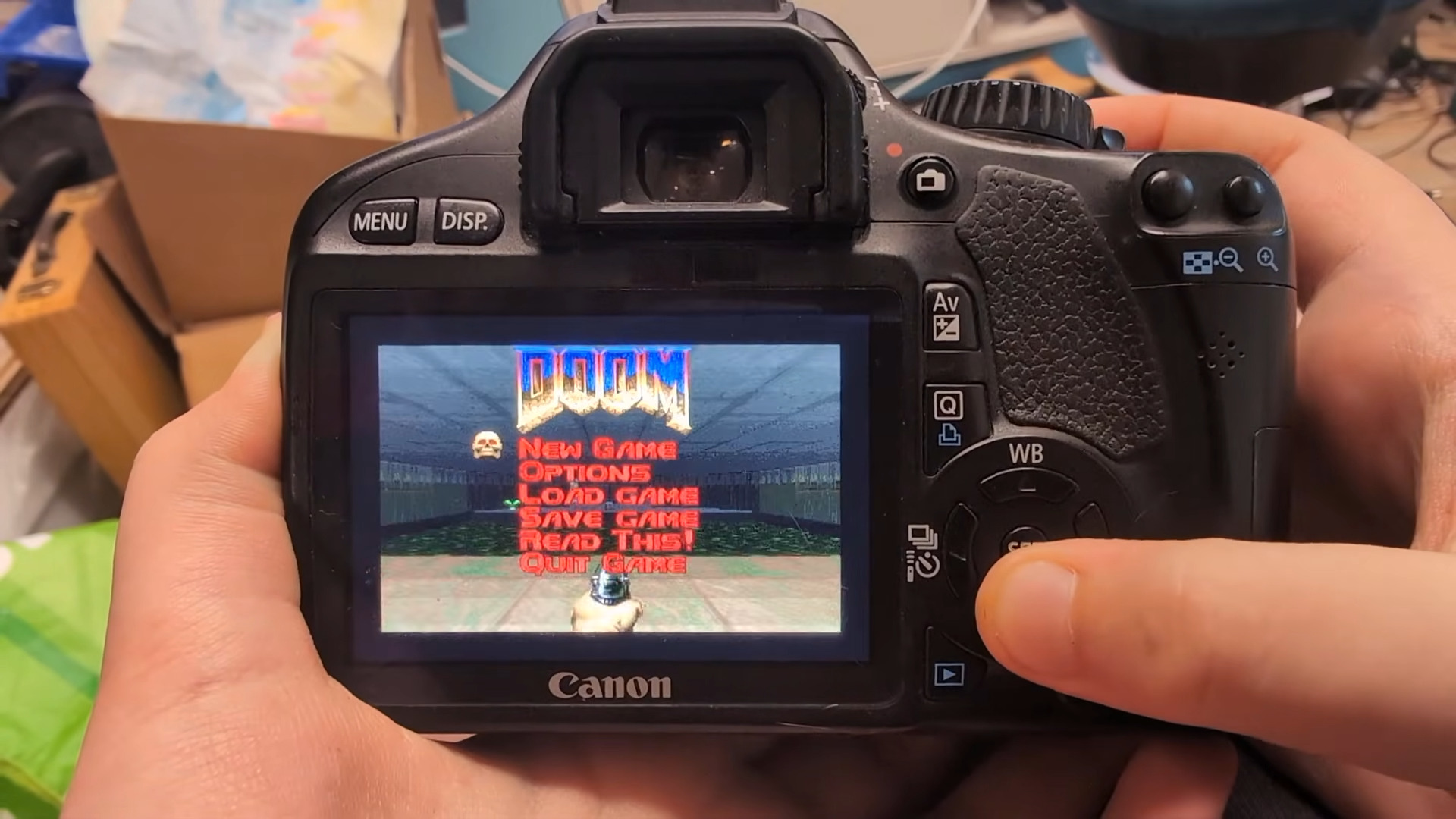 A still from a YouTube video showing Doom running on a DSLR camera