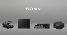 Black and white image with white writing that says Sony with four products underneath including a camera and TV