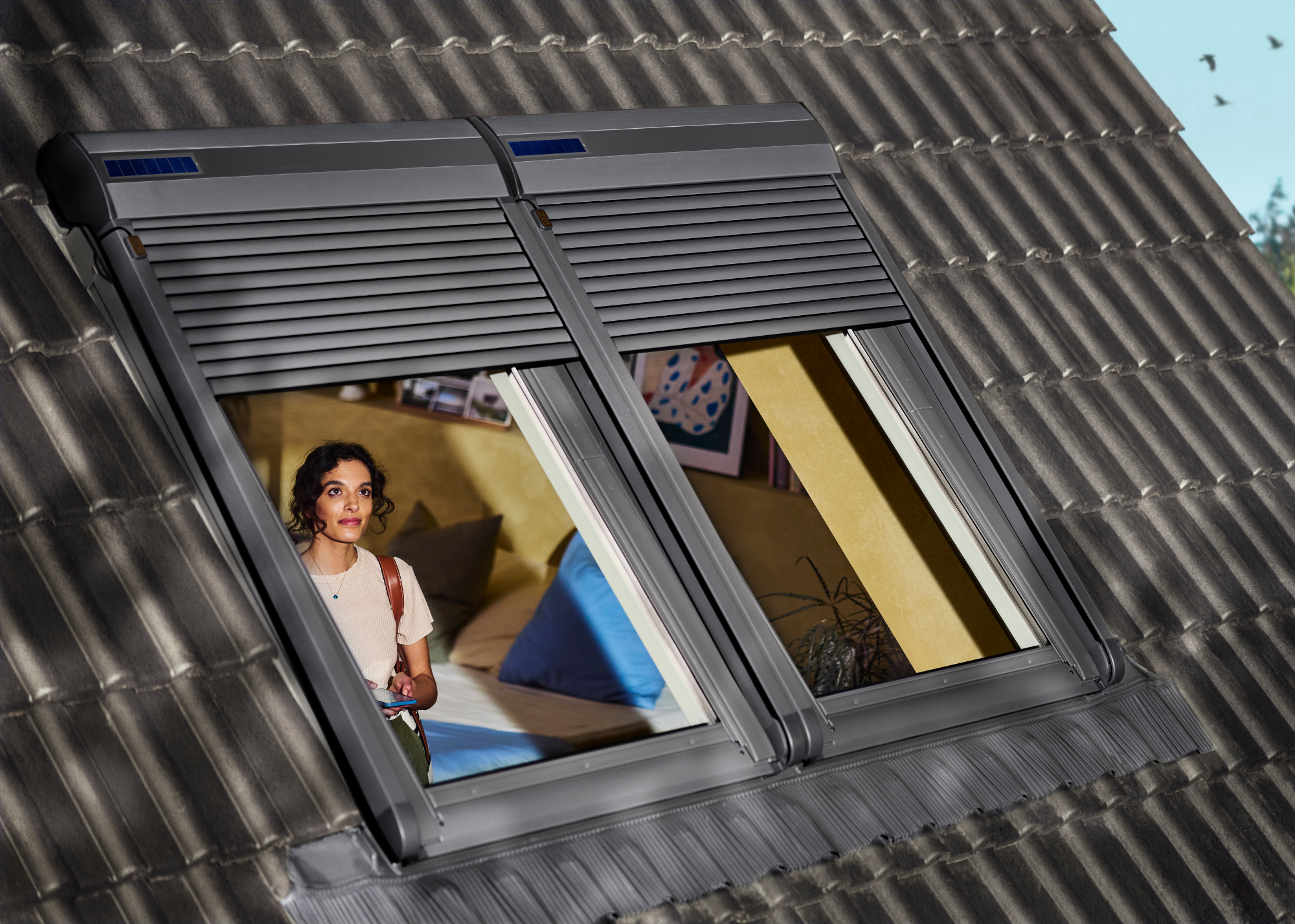A black roof&#039;s facade with windows featuring shutters and a woman looking outside