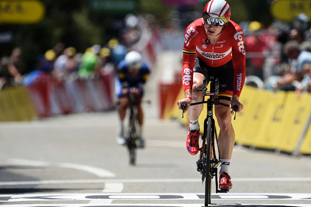 Germany's Andre Greipel rosses the finish line of the 37,5 km individual time-trial