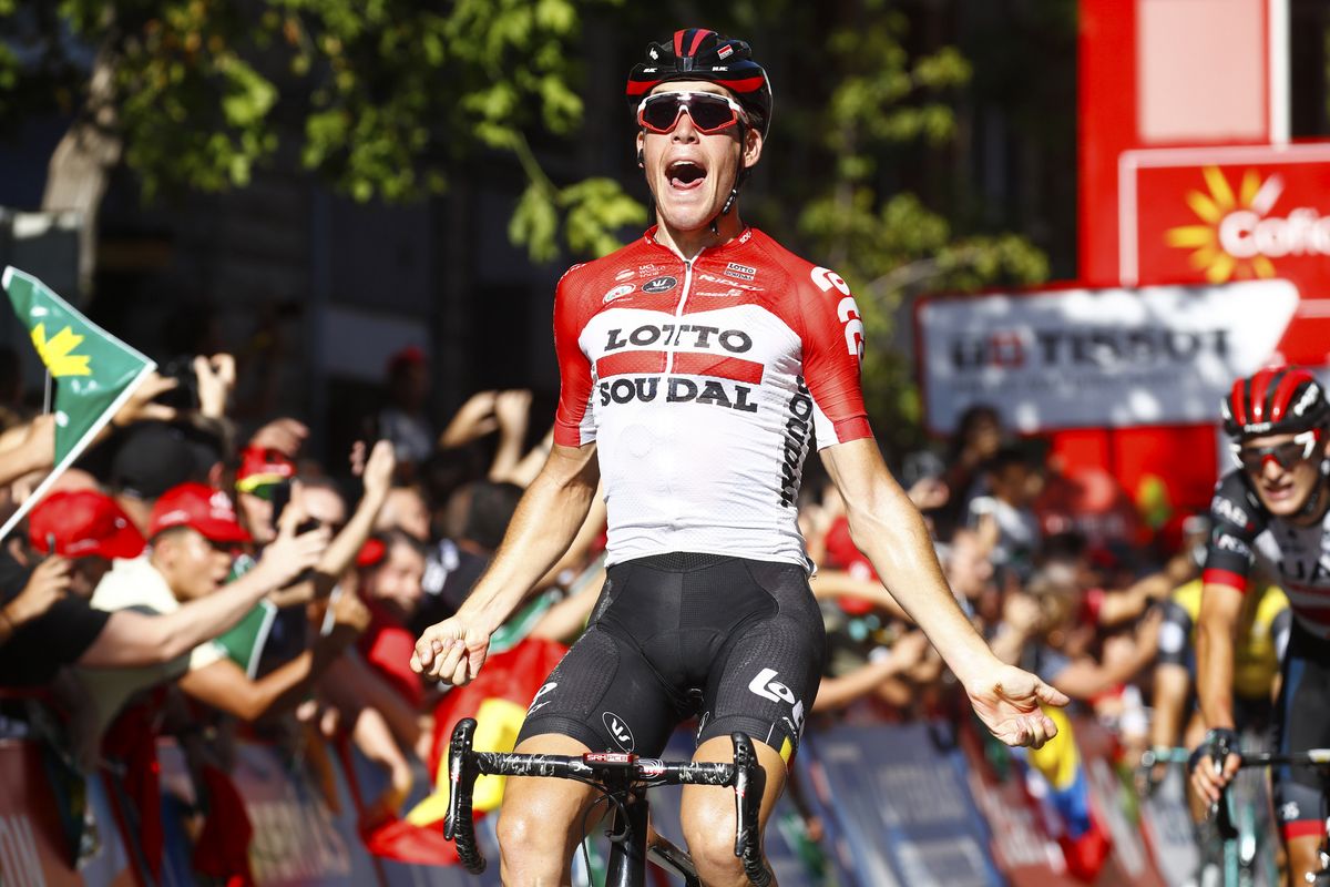 Jelle Wallays (Lotto Soudal) begins to realise he has won