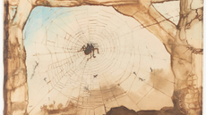 Painting of a spider on its web between two trees.